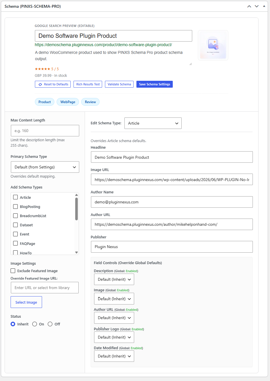 PINXS Schema Pro product metabox shown on the Demo Software Plugin Product