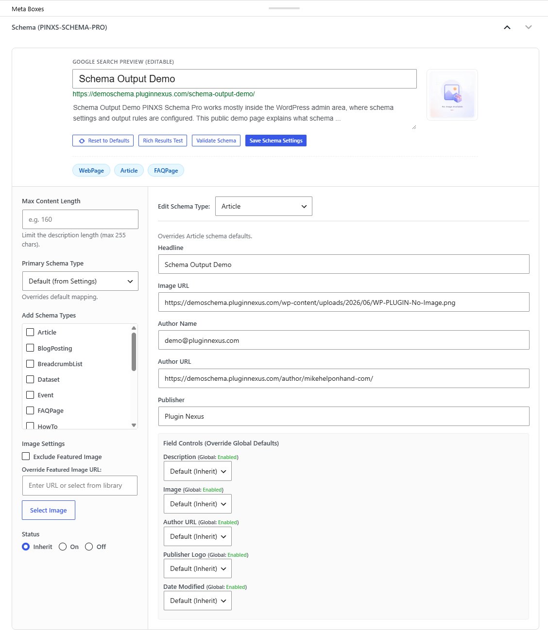 PINXS Schema Pro page metabox shown on the Demo FAQ Schema Page