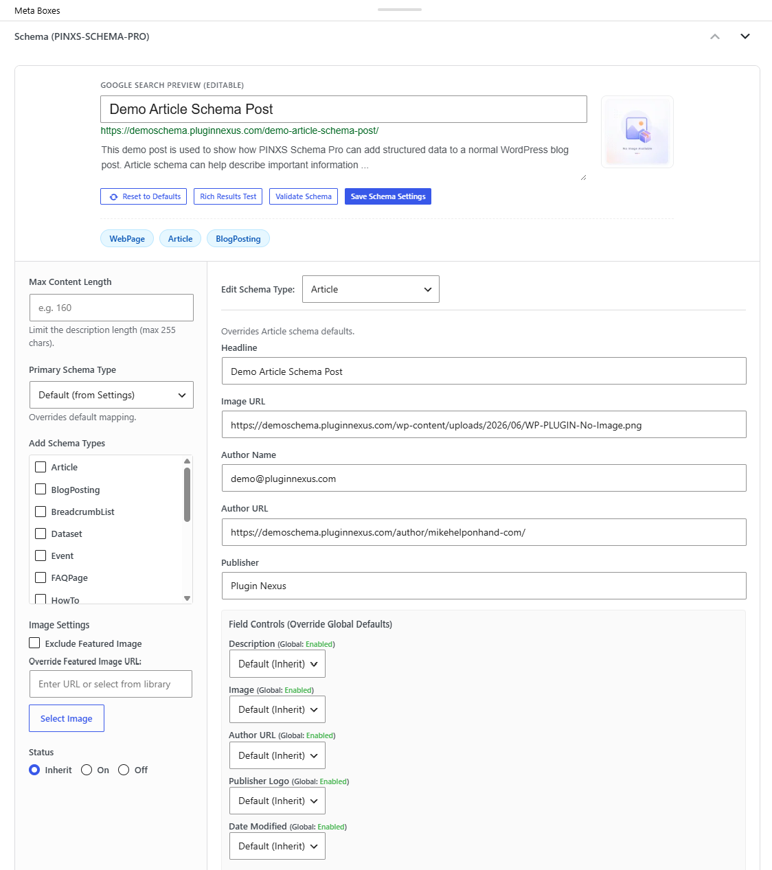 PINXS Schema Pro post metabox shown on the Demo Article Schema Post